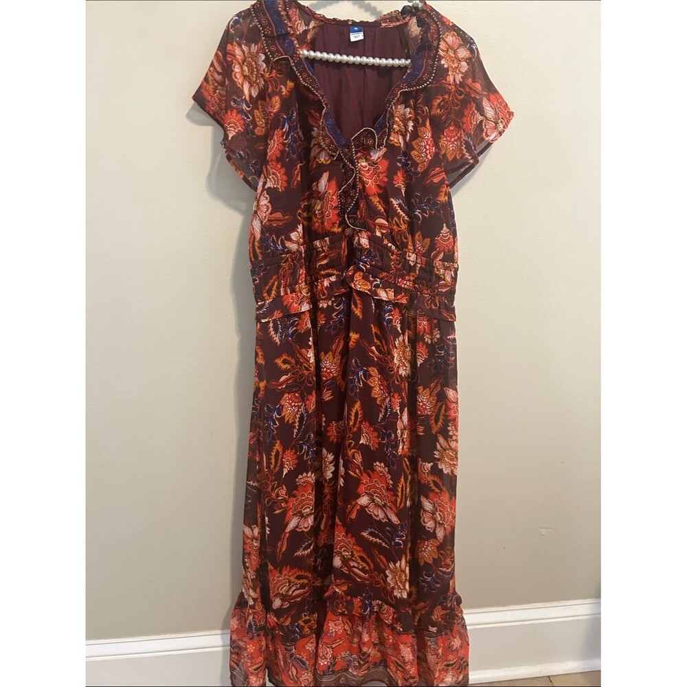 Old Navy Women XL Ruffle V-Neck Floral Dress Maroon Paisley Boho Chiffon Lined